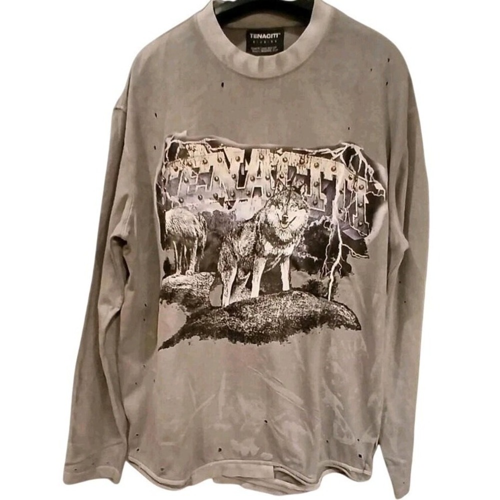 Mens Wolf Graphic T Shirt 2XL Distressed Ripped Grunge Streetwear Tee